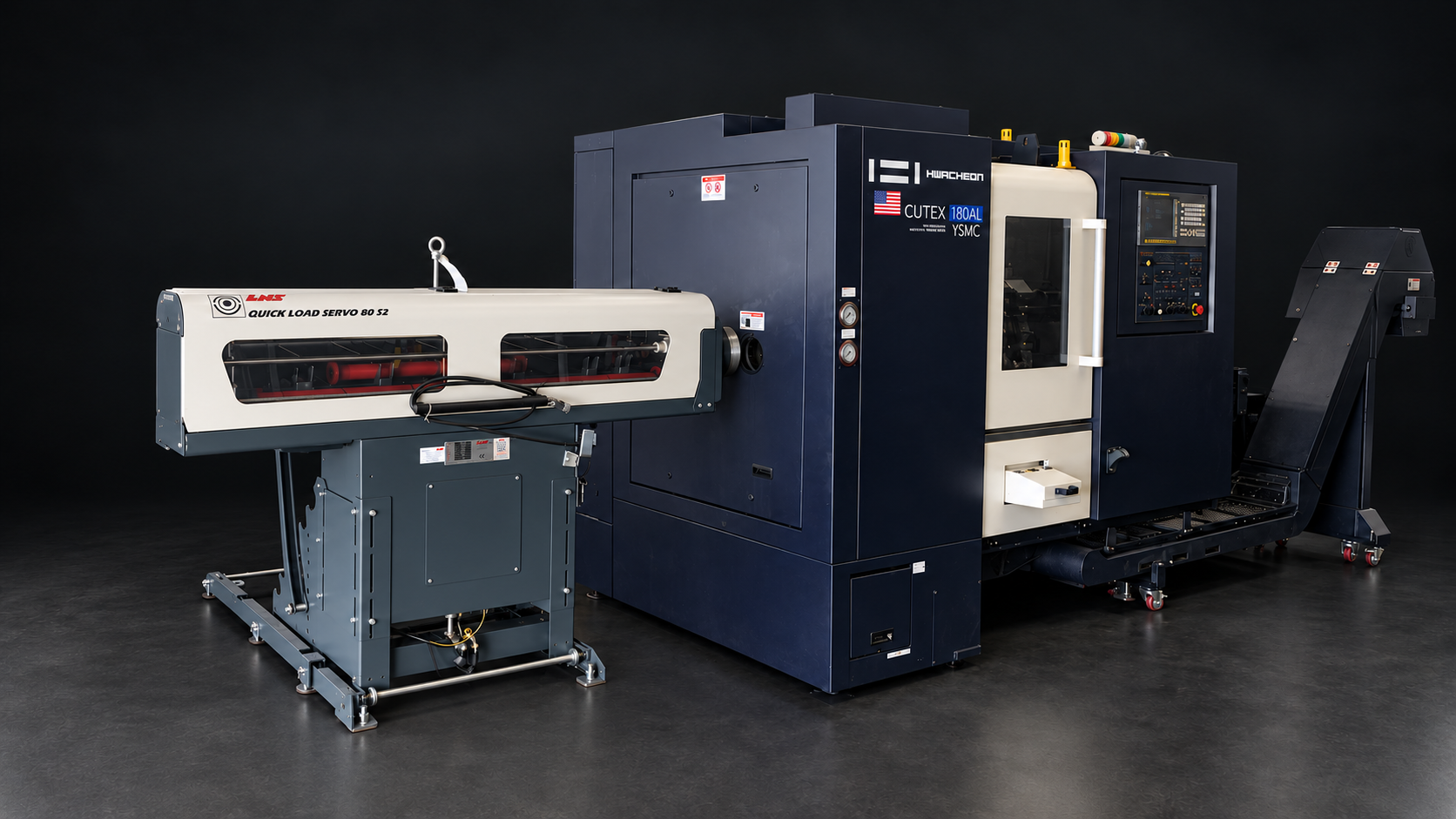 Hwacheon CUTEX-180 turning center with LNS Quick Load Servo 80 S2 bar feeder
